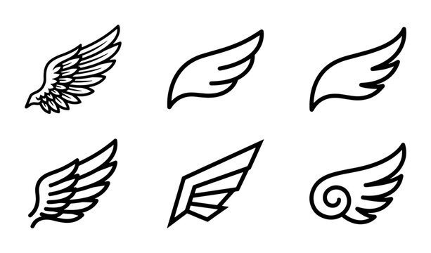 Minimalist wing icons set, black outline bird wings collection, 6 vector wing symbols for logo design and branding, simple feather wing illustrations