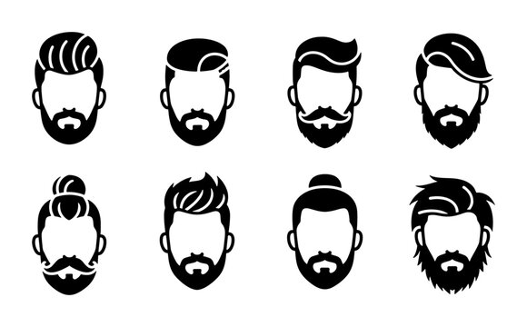 Barbershop hair and beard styles vector set, 8 male grooming icons with trendy haircuts and facial hair, minimalist black and white man head silhouettes