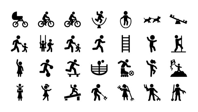 Minimalist playground icons set, 28 black stick figure pictograms of children playing, outdoor park activities and kids sports vector collection