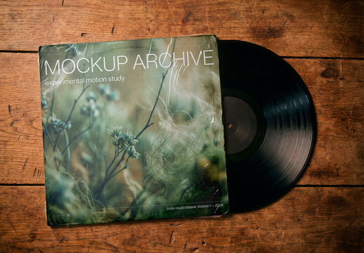 Vinyl record mockup with sleeve on rustic wooden table