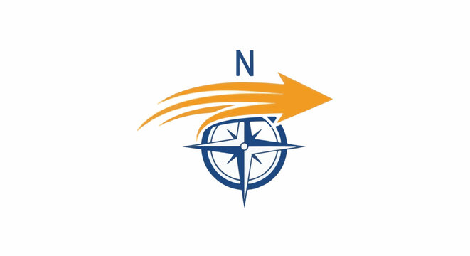 Stylized compass rose with an orange arrow pointing east