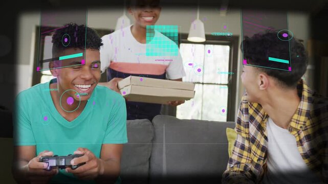 Three boys sitting on sofa gaming, friend bringing pizza boxes for sharing, HUD overlays floating
