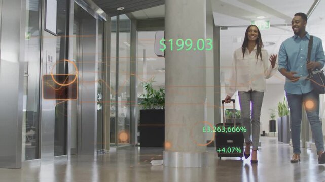 Business pair walking past elevators entering frame and causing AR icons displaying $199