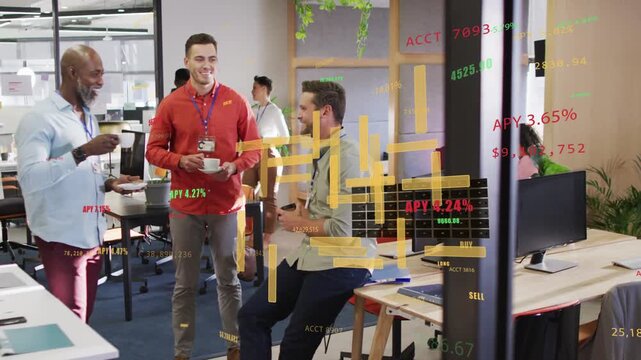 Two workers joining peer with mug, sparking break talk, finance charts overlaying faces, laughing