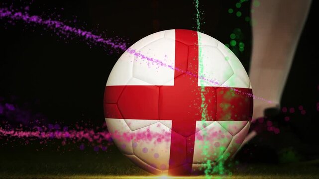 Soccer player foot entering and striking red cross ball, glow and particles sending ball right