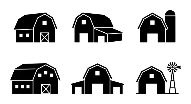 Rustic farm barn icons set, black silhouette agricultural building vector collection, traditional countryside farmhouse and windmill symbols