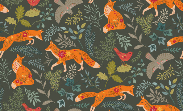 Vector seamless pattern with ornate foxes, butterflies, flowers, plants forest tree branches. Folk art floral natural endless background.