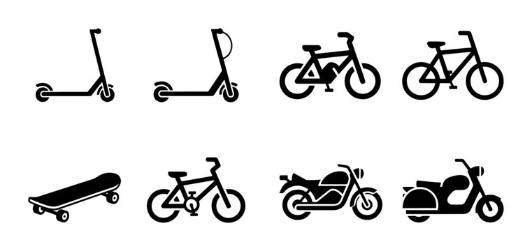 Minimalist transport icons set, black silhouette bicycle and scooter vector elements, urban mobility and micro-mobility vehicle collection for city travel