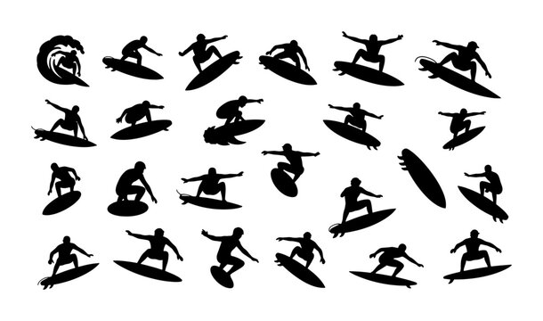 Surfer silhouette collection, 24 surfing vector icons. Extreme water sports athletes on surfboards, black summer beach activity graphics for design