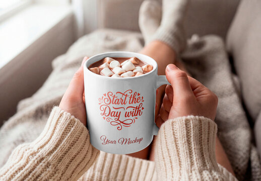 Hands holding mug with hot chocolate and marshmallows