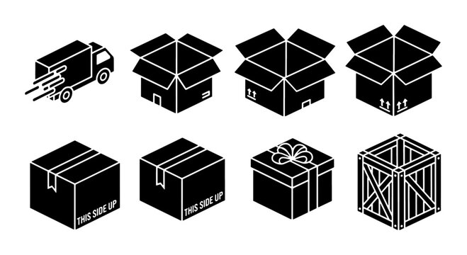 Isometric logistics icons set with delivery truck and cardboard boxes, 8 black shipping symbols, warehouse packaging and wooden crate vector