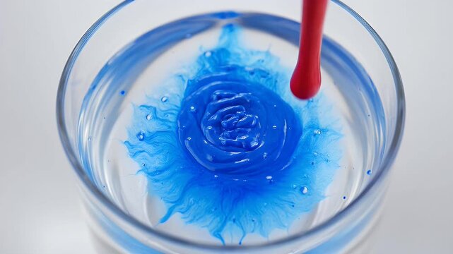 Blue ink drop in water glass, vibrant liquid swirl in clear vessel, artistic chemical reaction macro, colorful pigment diffusion for creative projects