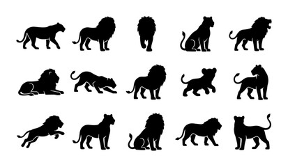 Lion silhouette collection, 15 wild cat animal vector icons, black feline predator shapes in various poses, safari wildlife graphic set © Nazmun