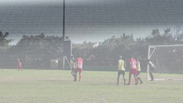 Left flank player running up and crossing ball into box, soccer animated lines showing goal chance