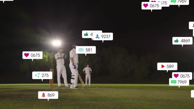 Cricket bowler running in, batsman swinging at crease under lights, social icons popping for likes