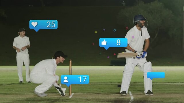 Cricket batsman adjusting grip shifting as ball arrives keeper clapping alerts showing fans' counts