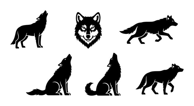 Black wolf silhouette collection, howling wolf head mascot and predator animal icons, 6 wild wolf vector elements for logo design and outdoors branding