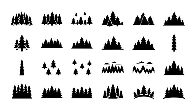 Minimalist pine forest silhouettes, 24 evergreen tree collection vector, black conifer woods icons for outdoor adventure and nature branding