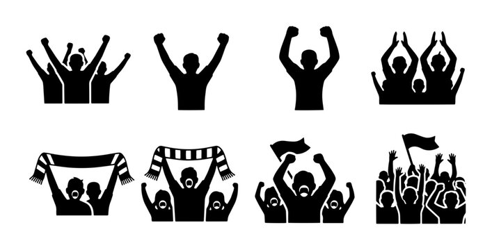 Cheering sports fans silhouettes, set of 8 crowd icons with flags and scarves, football supporters celebrating victory, stadium audience vector