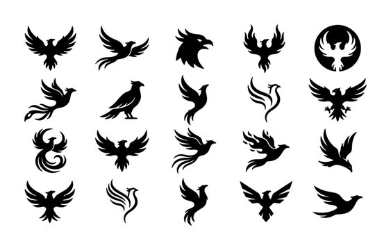 Phoenix bird silhouette icons, set of 20 mythical firebird vector logos, black eagle and hawk heraldic symbols for branding and tattoo design