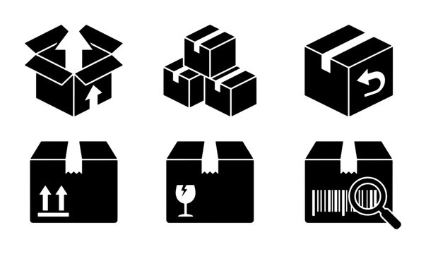 Logistics shipping box icons set, black delivery package vector symbols, 6 cardboard parcel illustrations for ecommerce and warehouse supply chain