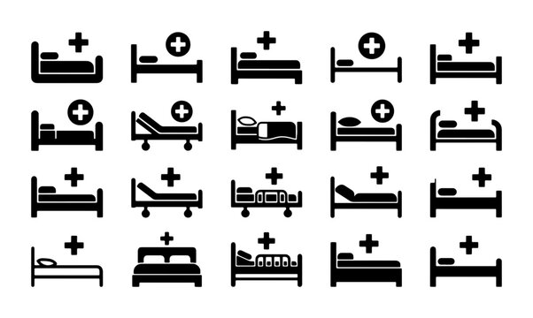 Medical hospital bed icon set, 20 black silhouette clinic furniture symbols, healthcare facility and emergency room equipment vector collection