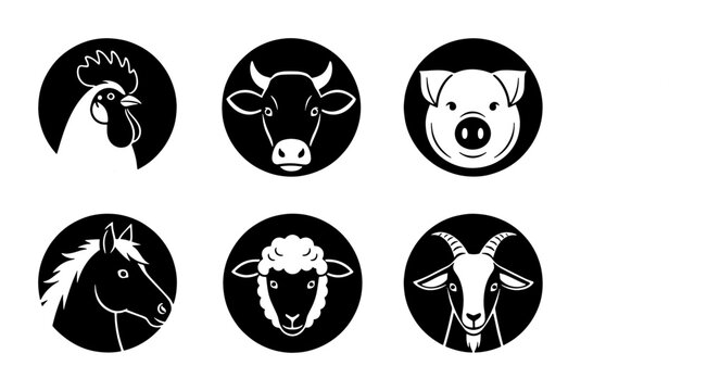 Minimalist farm animal icons set, black and white livestock head silhouettes, 6 vector circle emblems for butchery and agriculture branding