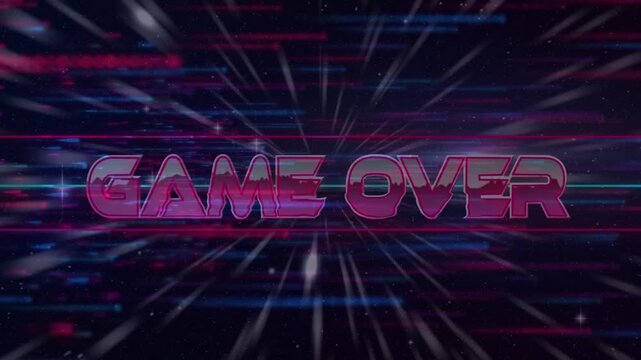 Chain moving toward lens then receding, revealing magenta GAME OVER title pulsing amid gaming lines