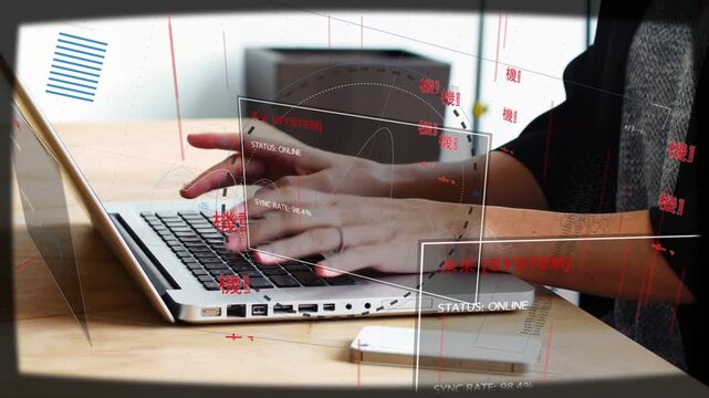 Woman hovering pressing keys and typing at desk HUD syncing tech visuals circling hands for data