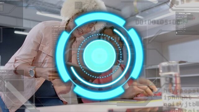 HUD appearing centrally, woman leaning and pointing, guiding child's drawing with tablet, education