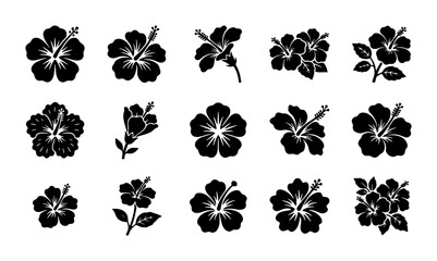 Hibiscus flower silhouette icons, tropical floral blossom vector set, black botanical mallow plant elements for summer design and logos © Mahinul
