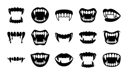 Vampire fangs and monster teeth collection, set of 15 black silhouette mouth icons, spooky halloween dental fangs, gothic horror vector elements © Mahinul