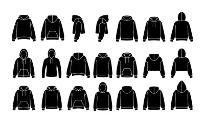 Hoodie vector silhouette set, black sweatshirt apparel mockups, 21 clothing icons for fashion design, streetwear garment templates for tech packs © Mahinul