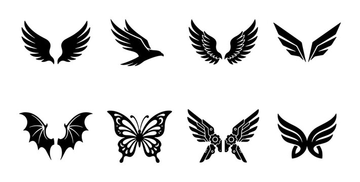 Black wing silhouettes collection, 8 vector icons of bird wings and butterfly wings, heraldic eagle and bat wing graphic elements for logo design