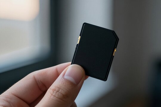 A hand holding a black microsd card close up shot on transparent background