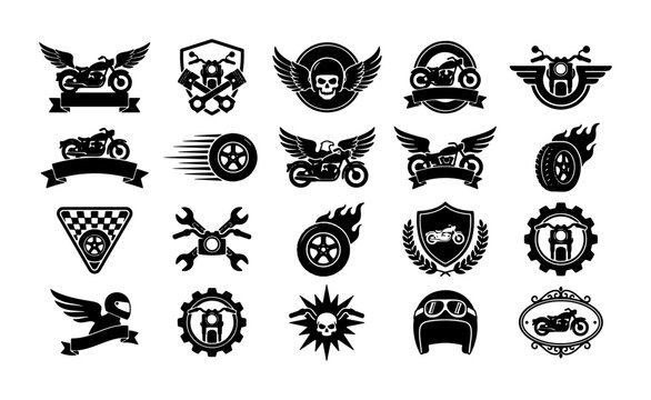 Vintage motorcycle badges and biker club emblems, set of 20 black vector icons, retro garage shop labels with skulls and wings