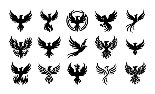 Phoenix bird logo collection, 15 black mythical firebird icons, tribal eagle and hawk silhouettes, heraldic phoenix vector set for branding
