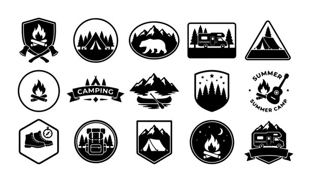 Vintage camping badges and outdoor adventure logos, set of 15 black and white vector icons, mountain wilderness and summer camp emblems