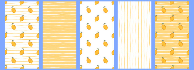 Fototapeta premium Blue lemon background with seamless fruit pattern for summer. Picnic and gingham food holiday theme through checkered set. Drawn texture with italian floral accents for simple.