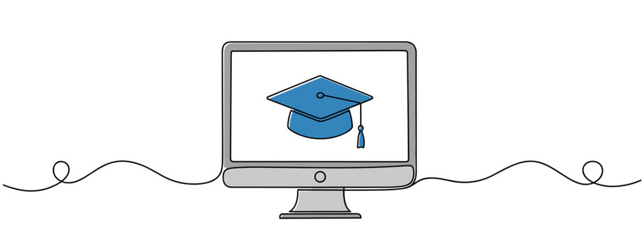 Computer monitor displaying graduation cap representing online education. no editable strokes