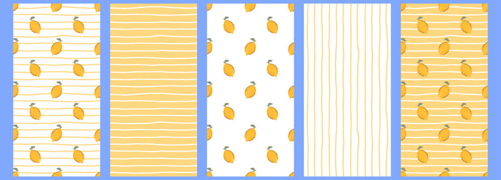 Blue lemon background with seamless fruit pattern for summer. Picnic and gingham food holiday theme through checkered set. Drawn texture with italian floral accents for simple.