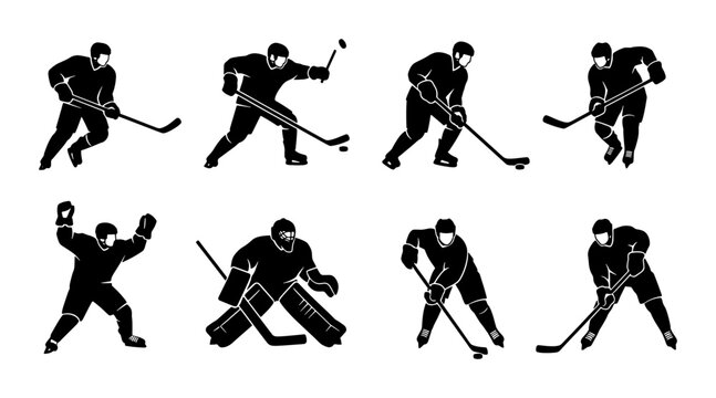 Ice hockey player silhouettes set, 8 professional athlete vector icons in action poses, black and white winter sports figures for team logos and tournament branding