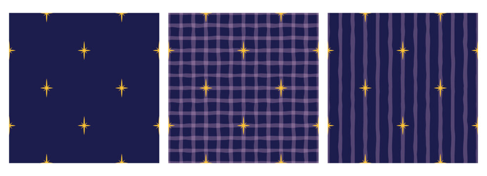 Color night and stars in seamless sky with gold accents. Cute pattern starry space of dots and doodle loop. Perfect for cottagecore themes or patchwork blanket and stationery.