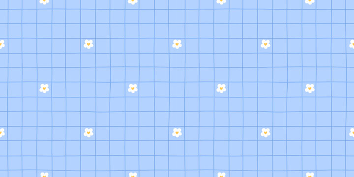 Pattern cute flower and plaid check with pastel seamless daisies. Gingham for spring theme tiny grid with kawaii print. Checkered fabric through soft pink and retro chrysanthemum.