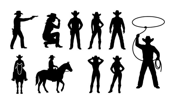Wild West cowboy silhouettes set, black western outlaw and cowgirl figures, 10 vector elements of horse riders and gunslingers with lasso