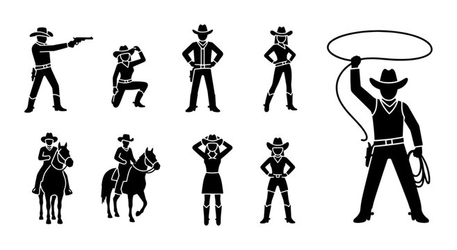 Wild West cowboy silhouette set, 9 western outlaw and cowgirl vector icons, horse rider and gunslinger characters, rodeo lasso and sheriff figures