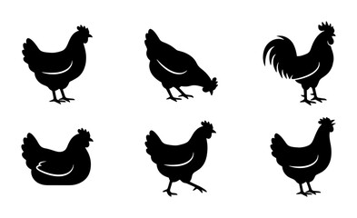 Black chicken silhouette set, 6 farm poultry vector icons, rooster and hen silhouettes for organic food branding and butcher shop signage © Sadia
