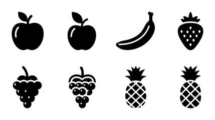 Minimalist fruit icon set, black solid vector silhouettes of apple banana strawberry grape and pineapple, 8 organic food symbols for grocery apps © Sadia