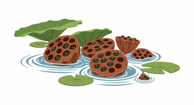 Stylized lotus seed pods and leaves float on serene blue water