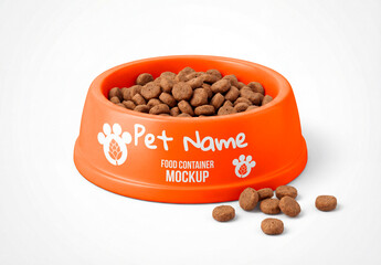 Pet food bowl mockup with dry kibble isolated on clean background